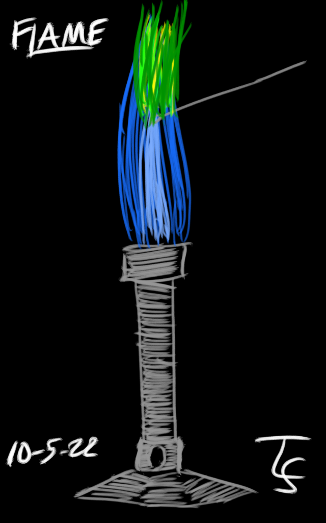 drawing: black background with a rough panted Bunsen burner with a blue flame. A nichrome wire is in the flame and green flames erupt from it. (a copper compound is no doubt on the wire)