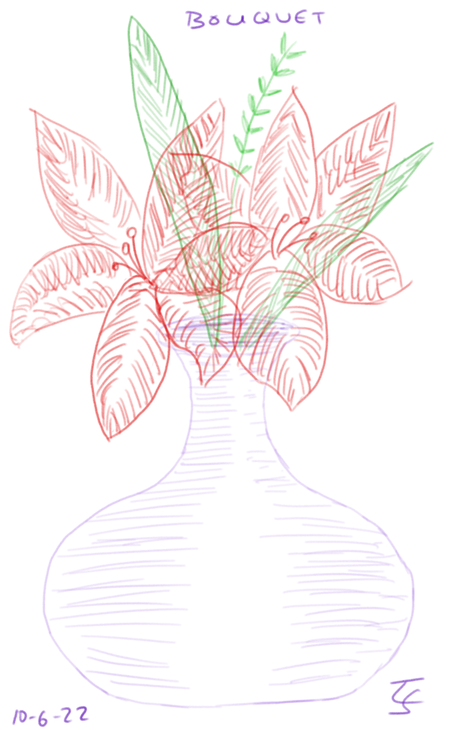 drawing: a bouquet of red flowers with greenery in a purple vase. Everything is only colored in with a few lines and all are transparent to see the things below. Kind of nifty, I thought.