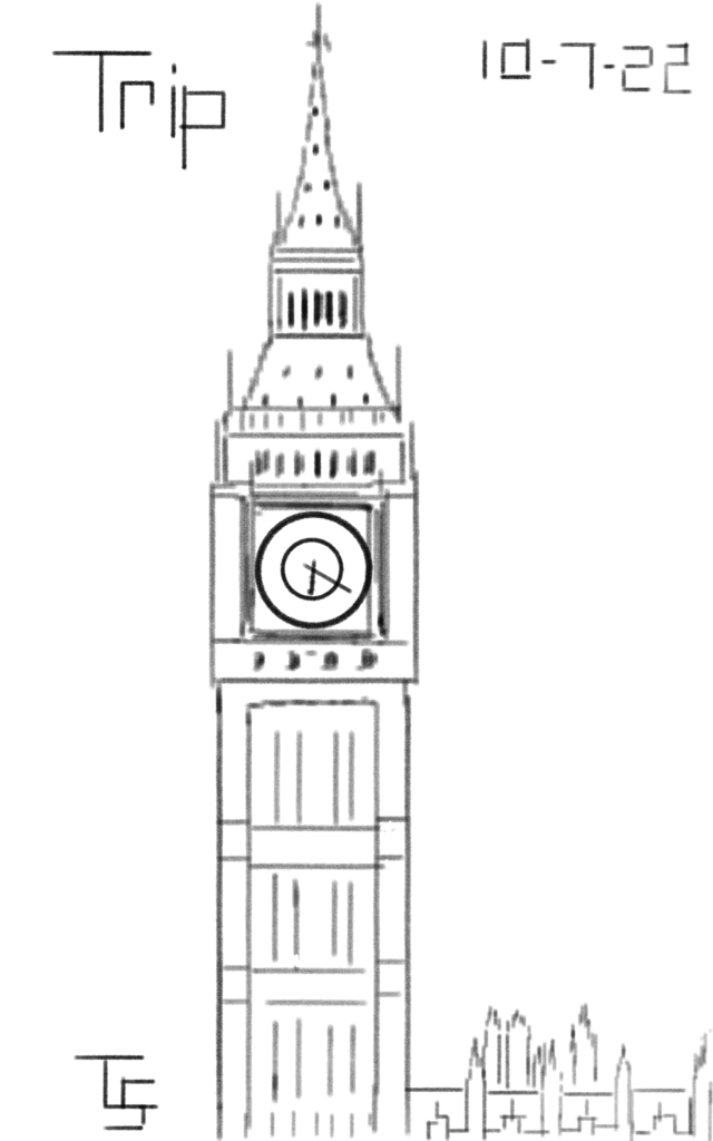 drawing: a tracing of London's Big Ben (and a bit of Parliament) drawing using only vertical or horizontal lines (except for the circular clock face).