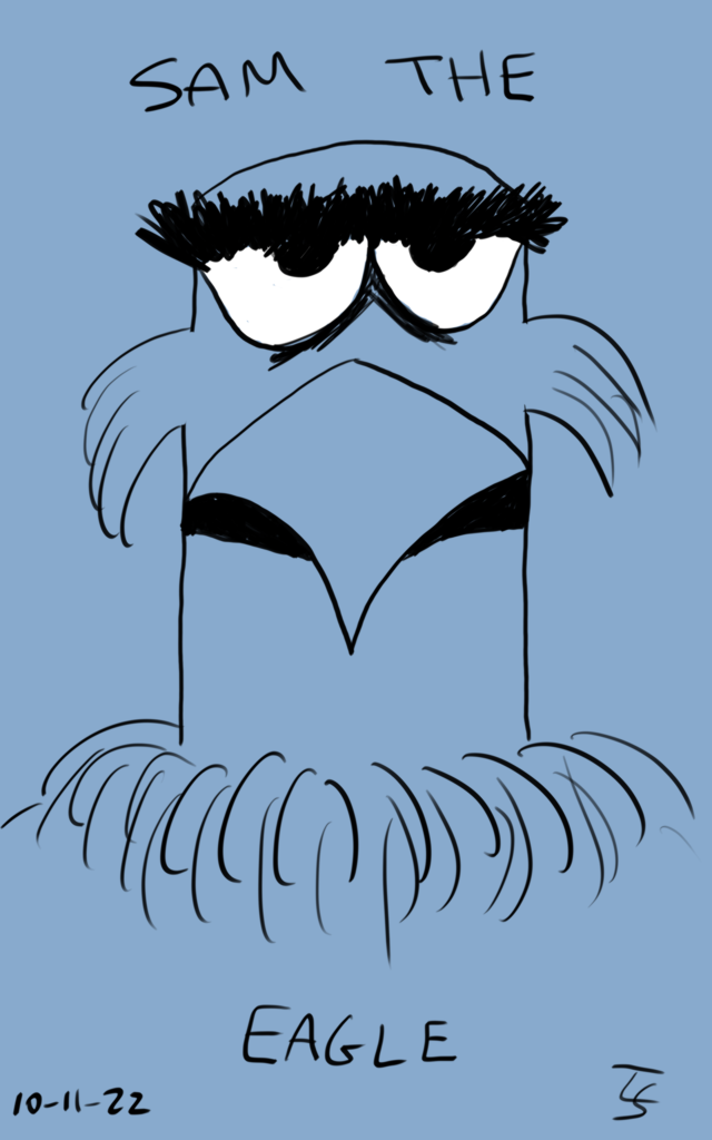 drawing: blue background with black line drawing of Sam the Eagle from the Muppets (the whites of his eyes are white).
