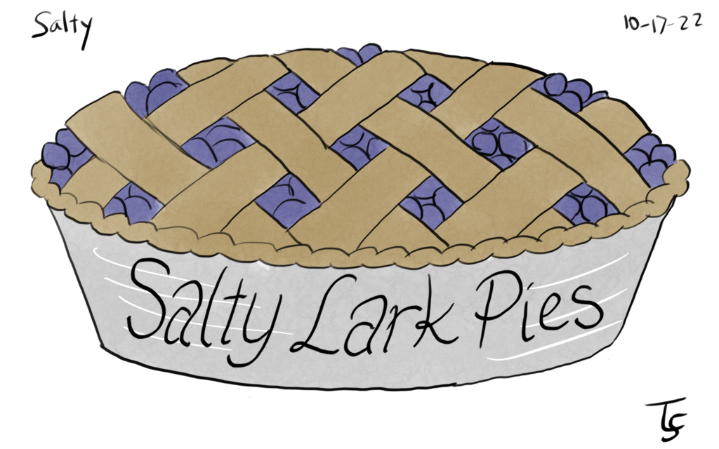 drawing: a blueberry pie in a metal pan with "Salty Lark Pies" on the pan. (Salty Lark Pies is the home-based business owned by my sister's girlfriend, Madeleine.)