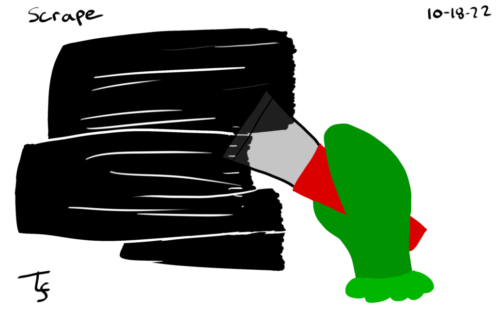 drawing: a green mitten holding a red-handled scraper scraping snow. The scraping part of the scraper is translucent (ooooh, opacity settings!).