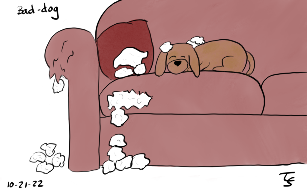 drawing: a maroon sofa with a torn arm, cushion, and pillow, all with white stuffing coming out. A little brown doggie is asleep on the sofa by the pillow. A bit of fluff is on it, too.