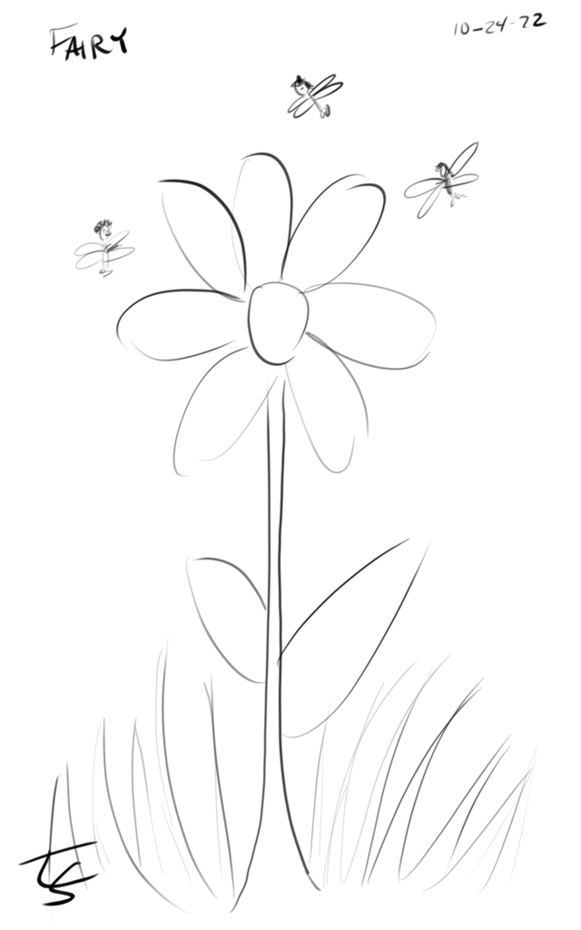 drawing: quick sketch of a flower with 4 small fairies flying around it (looking sort of like bugs instead of like people with wings)