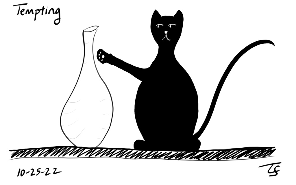 drawing: black line drawing of a stylized black cat on a shelf with a paw reaching out to a delicate vase.