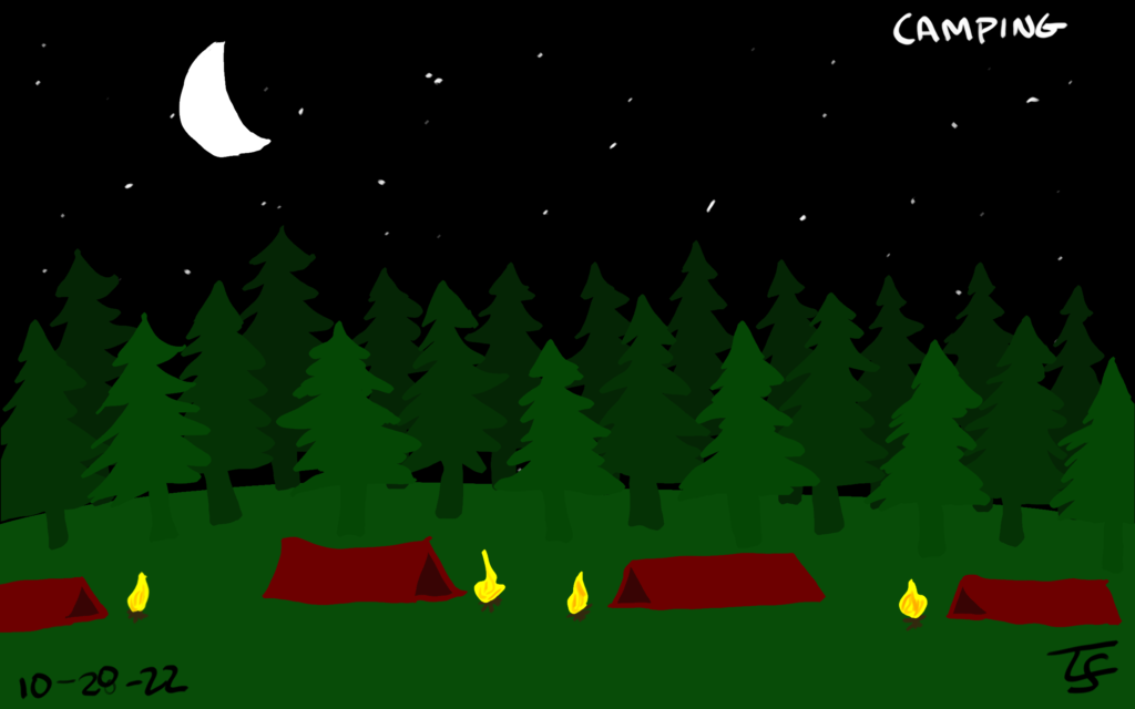 drawing: four red tents with campfires in front of their openings, background of pine trees, three layers, and black night sky with stars and moon.