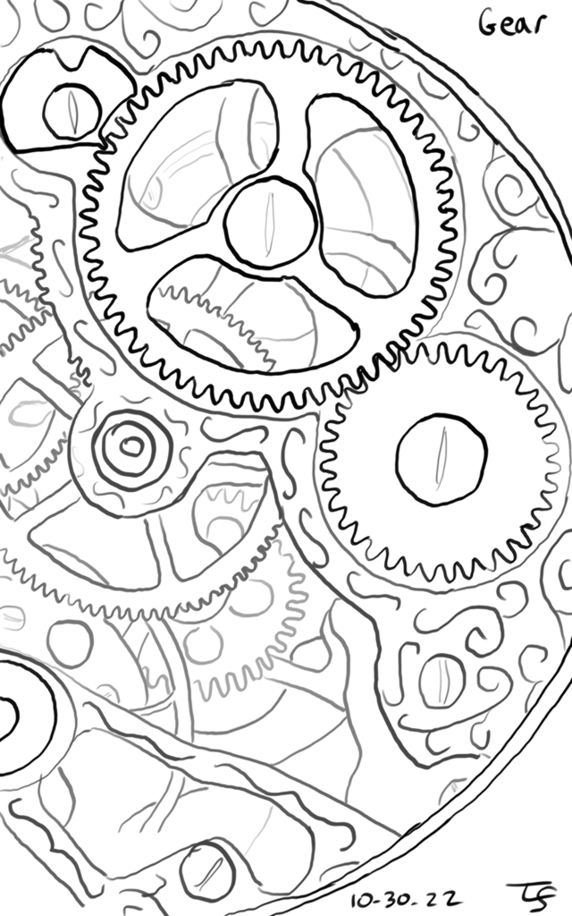 drawing: black line drawing of a close up inside of a pocket watch illustrating the gears. Traced