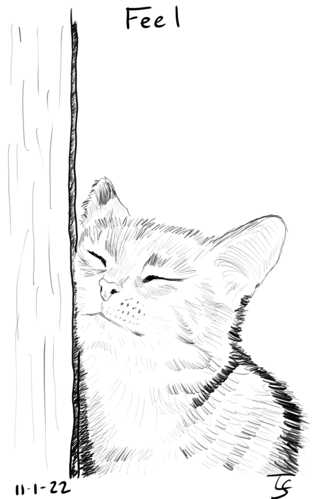 drawing: a black line tracing of a fluffy kitten rubbing its face on a doorway.