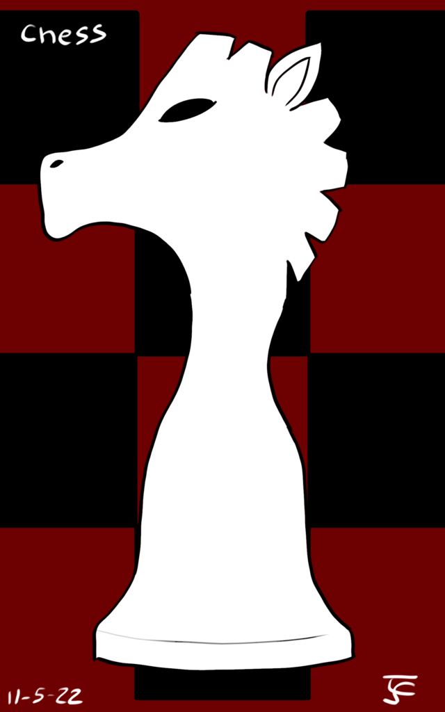 drawing: red & black checkerboard background with a white stylized chess piece (a knight) in the foreground.